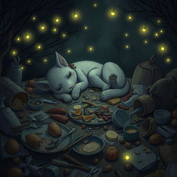 A whimsical and slightly chaotic scene of Purocana, having fallen asleep amidst a messy feast, surrounded by the gentle glow of fireflies