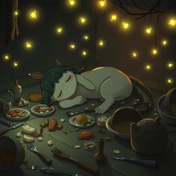 A whimsical and slightly chaotic scene of Purocana, having fallen asleep amidst a messy feast, surrounded by the gentle glow of fireflies