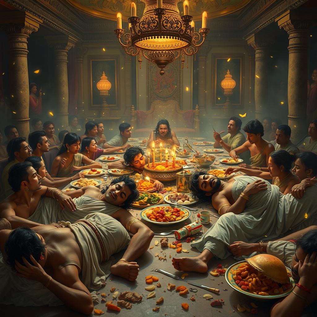 A chaotic and somewhat humorous scene of Duryodhana's friends, fainted amidst a lavish and messy feast, with the soft and whimsical glow of fireflies providing the only light