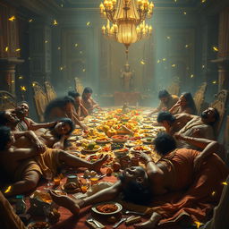 A chaotic and somewhat humorous scene of Duryodhana's friends, fainted amidst a lavish and messy feast, with the soft and whimsical glow of fireflies providing the only light