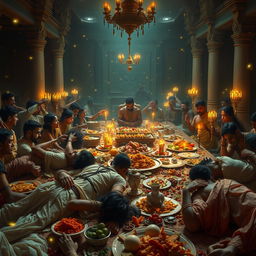 A chaotic and somewhat humorous scene of Duryodhana's friends, fainted amidst a lavish and messy feast, with the soft and whimsical glow of fireflies providing the only light