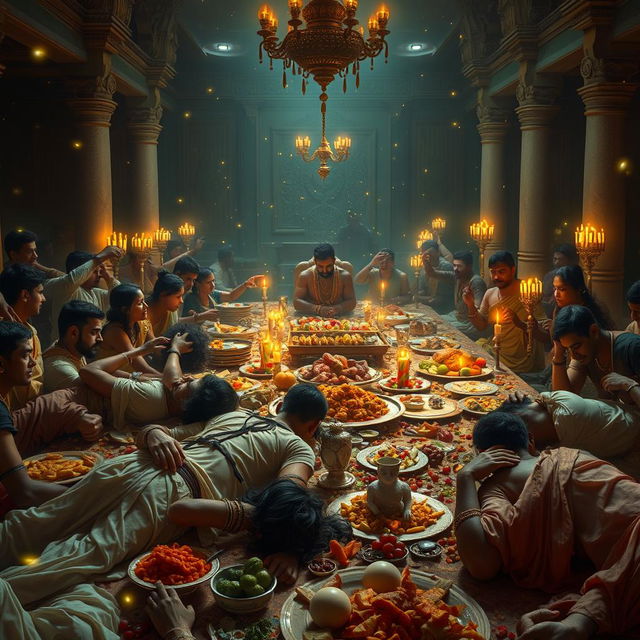 A chaotic and somewhat humorous scene of Duryodhana's friends, fainted amidst a lavish and messy feast, with the soft and whimsical glow of fireflies providing the only light