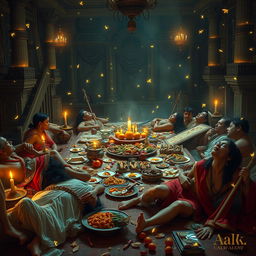 A chaotic and somewhat humorous scene of Duryodhana's friends, fainted amidst a lavish and messy feast, with the soft and whimsical glow of fireflies providing the only light