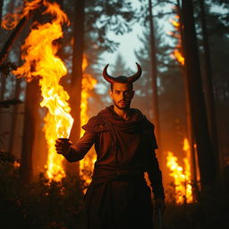 A human figure with a single horn on their head stands in a forest