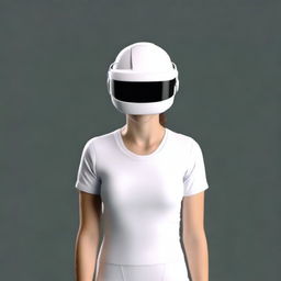 Portrait of a girl with clean skin donning a white VR helmet, positioned against a black background. She stands with an upright posture. Ensure high quality and resolution (4k, 8k).