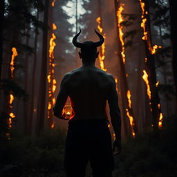 A back view of a human figure with a single horn on their head stands in a forest setting