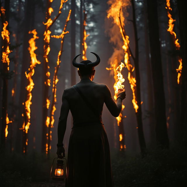 A back view of a human figure with a single horn on their head stands in a forest setting