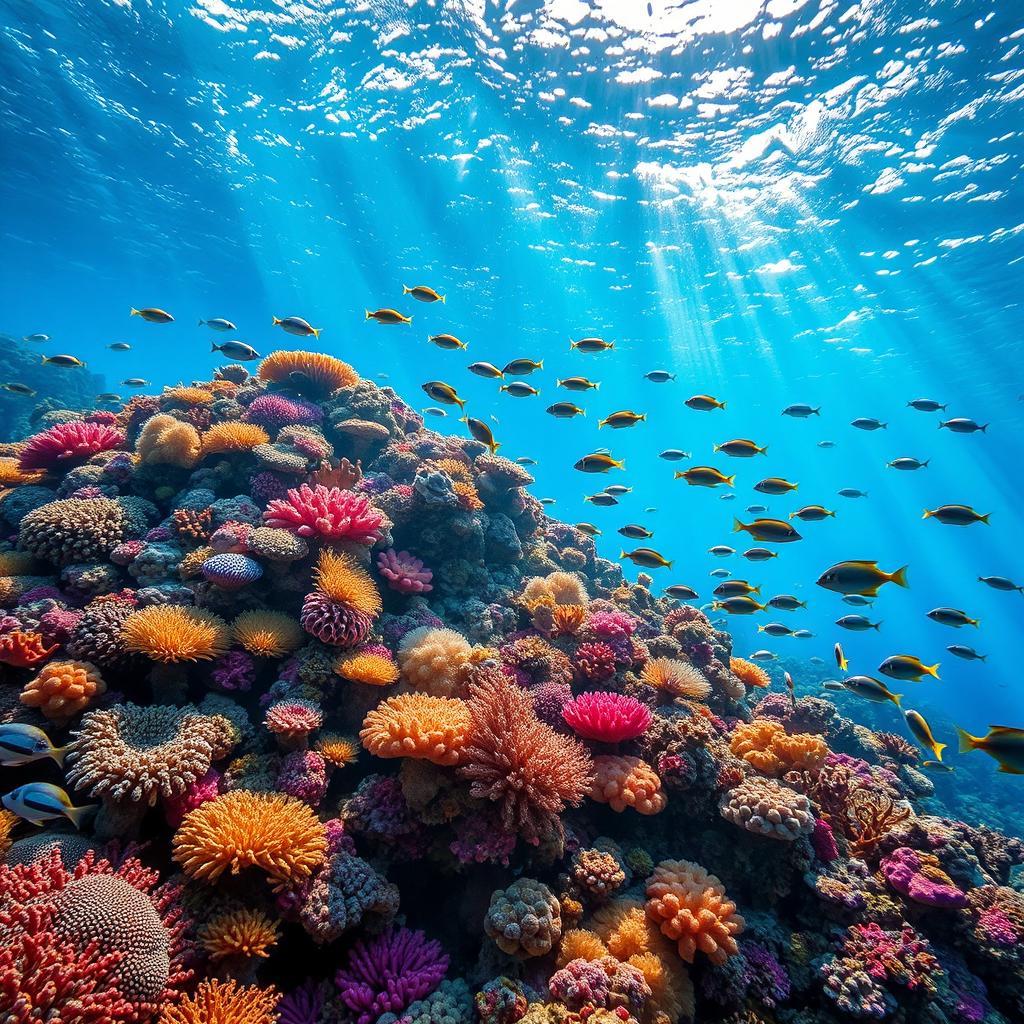 A vibrant underwater coral reef scene teeming with a diverse array of colorful corals, tropical fish, and marine life