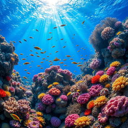 A vibrant underwater coral reef scene teeming with a diverse array of colorful corals, tropical fish, and marine life