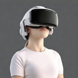 Portrait of a girl with clean skin donning a white VR helmet, positioned against a black background. She stands with an upright posture. Ensure high quality and resolution (4k, 8k).