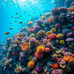 A vibrant underwater coral reef scene teeming with a diverse array of colorful corals, tropical fish, and marine life