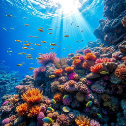 A vibrant underwater coral reef scene teeming with a diverse array of colorful corals, tropical fish, and marine life