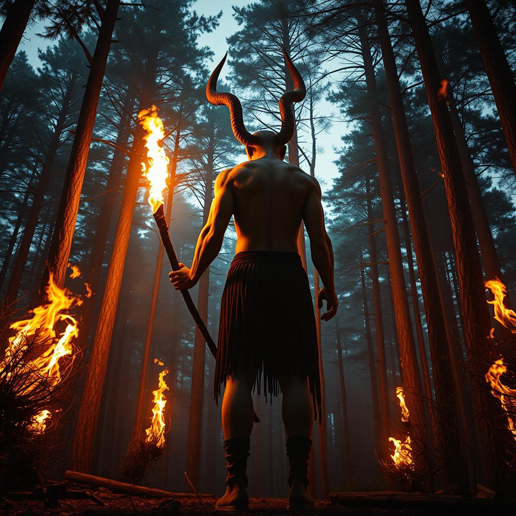 A back view of an eight-foot tall human figure with a single long horn on their head, standing in a forest