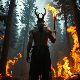 A back view of an eight-foot tall human figure with a single long horn on their head, standing in a forest