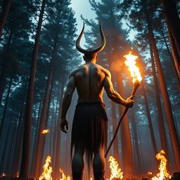 A back view of an eight-foot tall human figure with a single long horn on their head, standing in a forest