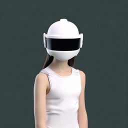 Portrait of a girl with clean skin donning a white VR helmet, positioned against a black background. She stands with an upright posture. Ensure high quality and resolution (4k, 8k).