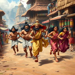 The Pandavas and Draupadi running through a bustling village