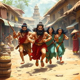 The Pandavas and Draupadi running through a bustling village