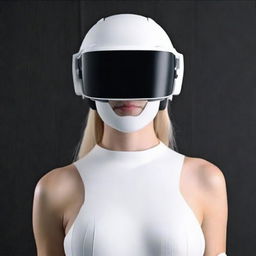 Portrait of a girl with clean skin donning a white VR helmet, positioned against a black background. She stands with an upright posture. Ensure high quality and resolution (4k, 8k).