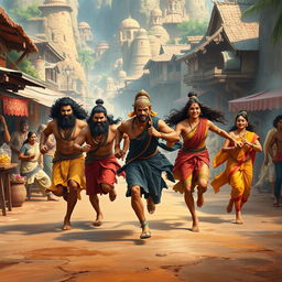 The Pandavas and Draupadi running through a bustling village