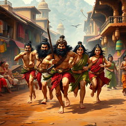 The Pandavas and Draupadi running through a bustling village