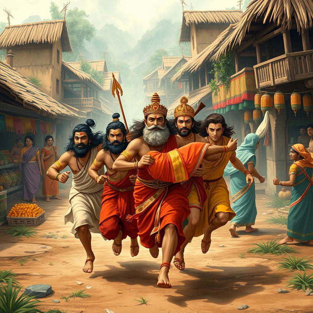 The Pandavas carrying Princess Draupadi as they run through a bustling village