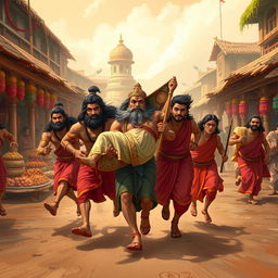 The Pandavas carrying Princess Draupadi as they run through a bustling village