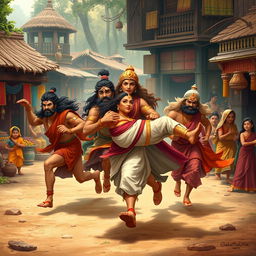 The Pandavas carrying Princess Draupadi as they run through a bustling village