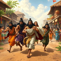 The Pandavas carrying Princess Draupadi as they run through a bustling village