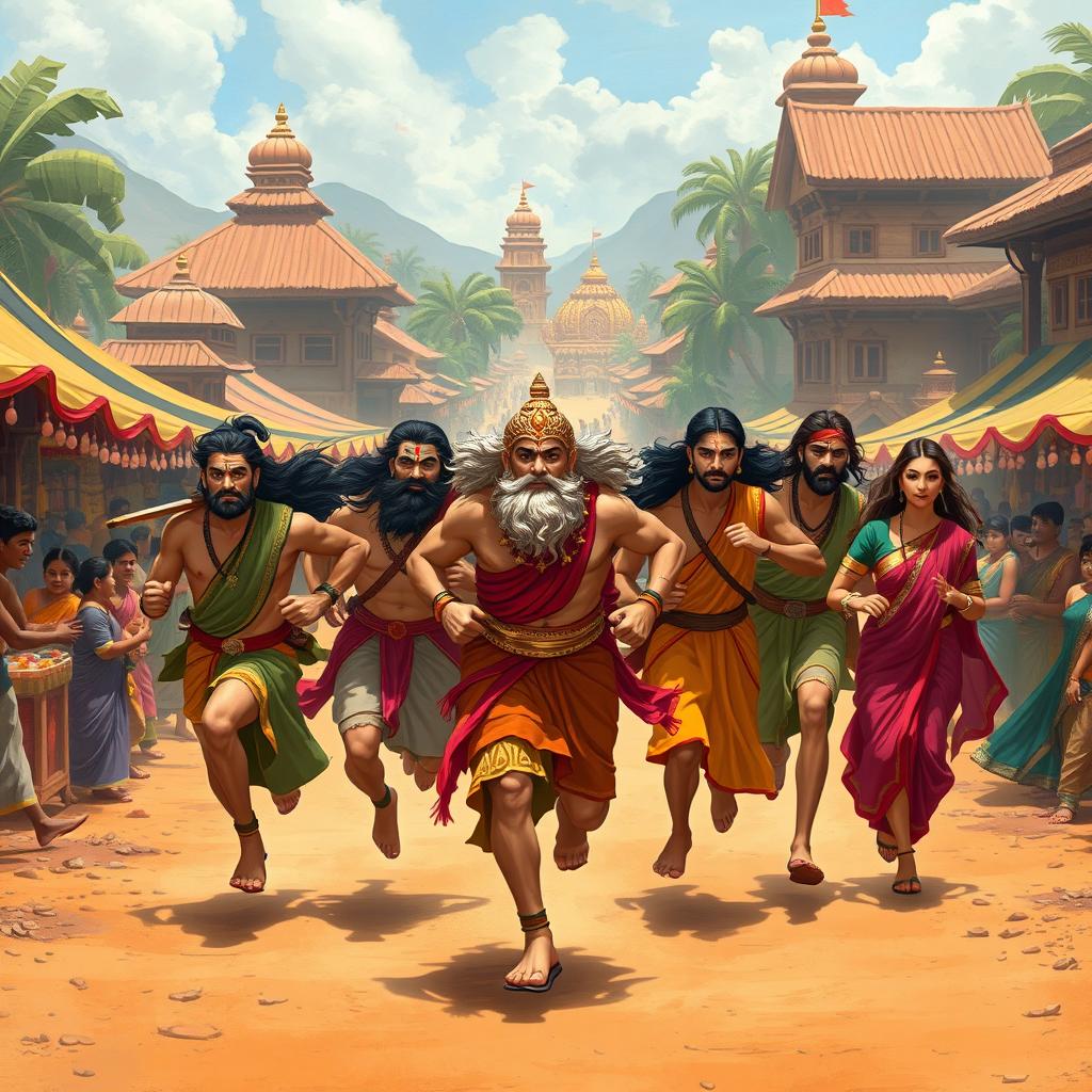 The Pandavas running with Princess Draupadi through a vibrant and lively village