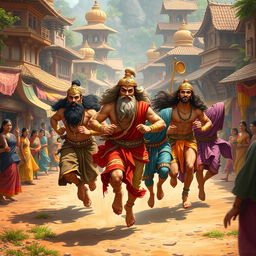 The Pandavas running with Princess Draupadi through a vibrant and lively village