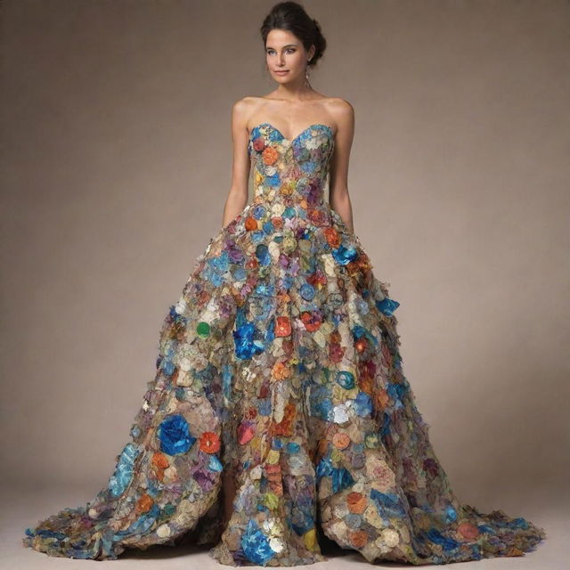 A stunning, eco-friendly gown crafted entirely from assorted recycled materials. The design should be both fashionable and innovative, showcasing the beauty that can be found in reused items.