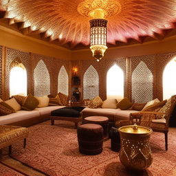 A sophisticated 6m x 5m salon incorporated with the lavish touch of an Arabian Majlis featuring luxurious decor and traditional Middle Eastern aesthetics.