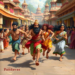 The Pandavas running with Princess Draupadi through a vibrant and lively village