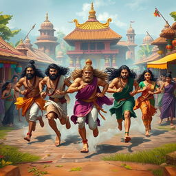 The Pandavas running with Princess Draupadi through a vibrant and lively village