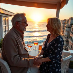 A charming scene of a 60-year-old widower enjoying a date at a picturesque beach house, with the serene ocean waves gently crashing in the background