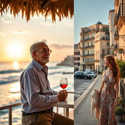 A charming scene of a 60-year-old widower enjoying a date at a picturesque beach house, with the serene ocean waves gently crashing in the background