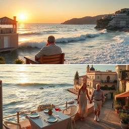 A charming scene of a 60-year-old widower enjoying a date at a picturesque beach house, with the serene ocean waves gently crashing in the background