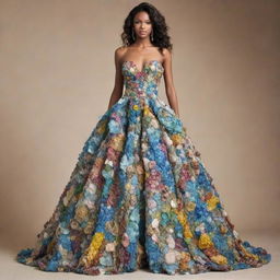 A stunning, eco-friendly gown crafted entirely from assorted recycled materials. The design should be both fashionable and innovative, showcasing the beauty that can be found in reused items.