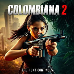 A cinematic and realistic movie poster for "Colombiana 2" featuring a strong and charismatic woman in the midst of action