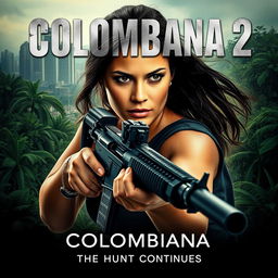 A cinematic and realistic movie poster for "Colombiana 2" featuring a strong and charismatic woman in the midst of action