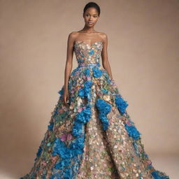 A stunning, eco-friendly gown crafted entirely from assorted recycled materials. The design should be both fashionable and innovative, showcasing the beauty that can be found in reused items.