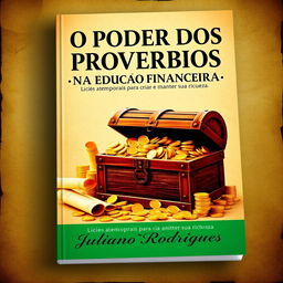 A captivating book cover for "O PODER DOS PROVÉRBIOS NA EDUCAÇÃO FINANCEIRA", featuring a treasure chest overflowing with gold coins and ancient scrolls, symbolizing the timeless wisdom and wealth