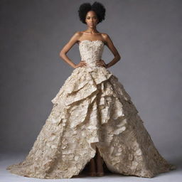 A unique and sophisticated gown made entirely from recycled paper. The ensemble should express creativity, demonstrating the potential of reused materials in high fashion.