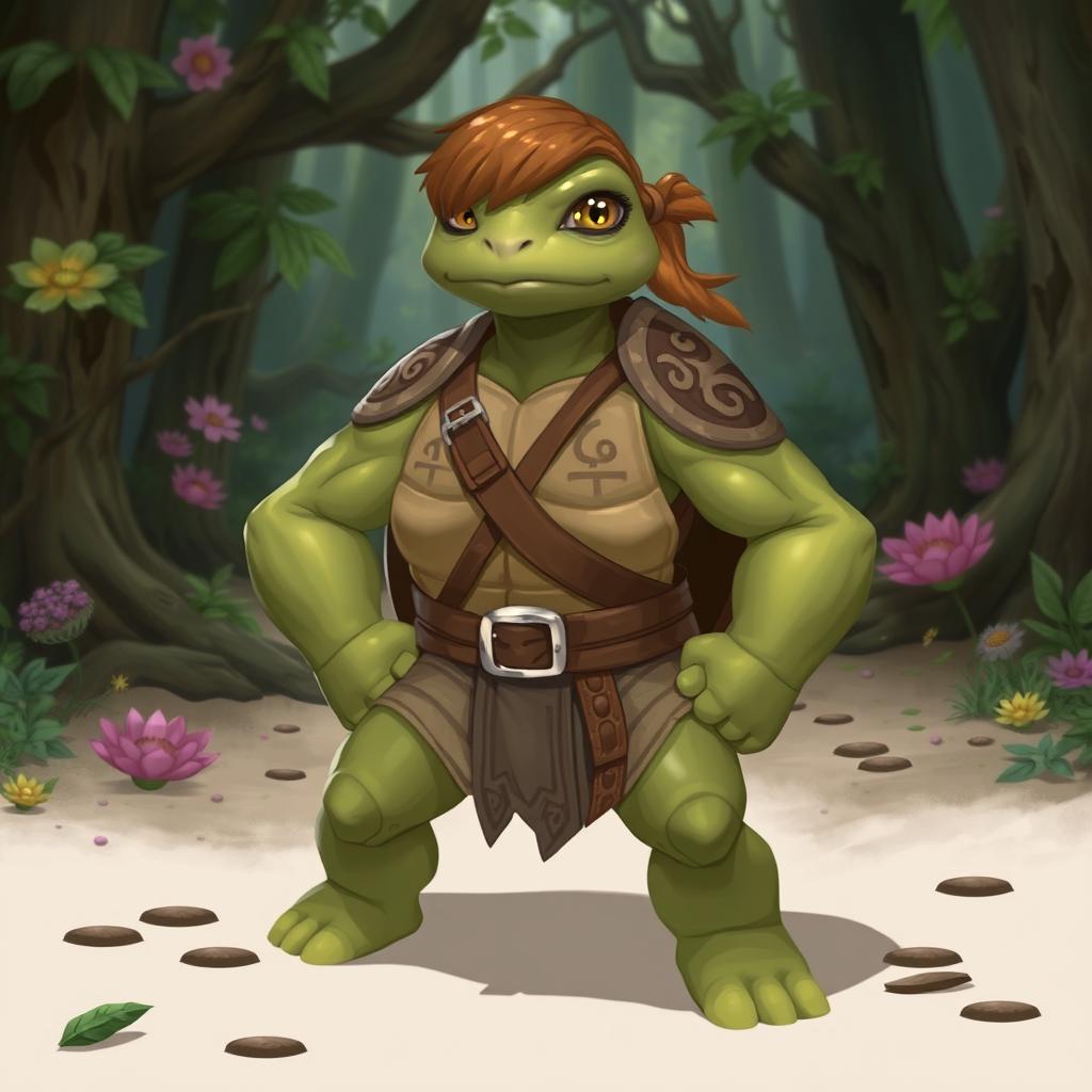 A young, strong female tortle character from a Dungeons & Dragons universe