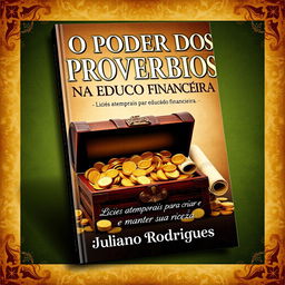 A captivating book cover for "O PODER DOS PROVÉRBIOS NA EDUCAÇÃO FINANCEIRA", featuring a treasure chest overflowing with gold coins and ancient scrolls, symbolizing the timeless wisdom and wealth