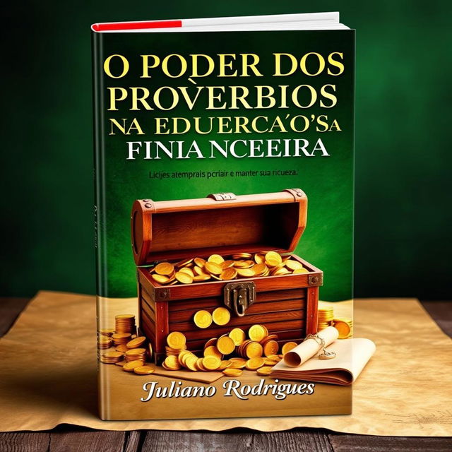 A captivating book cover for "O PODER DOS PROVÉRBIOS NA EDUCAÇÃO FINANCEIRA", featuring a treasure chest overflowing with gold coins and ancient scrolls, symbolizing the timeless wisdom and wealth