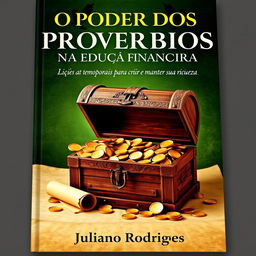 A captivating book cover for "O PODER DOS PROVÉRBIOS NA EDUCAÇÃO FINANCEIRA", featuring a treasure chest overflowing with gold coins and ancient scrolls, symbolizing the timeless wisdom and wealth