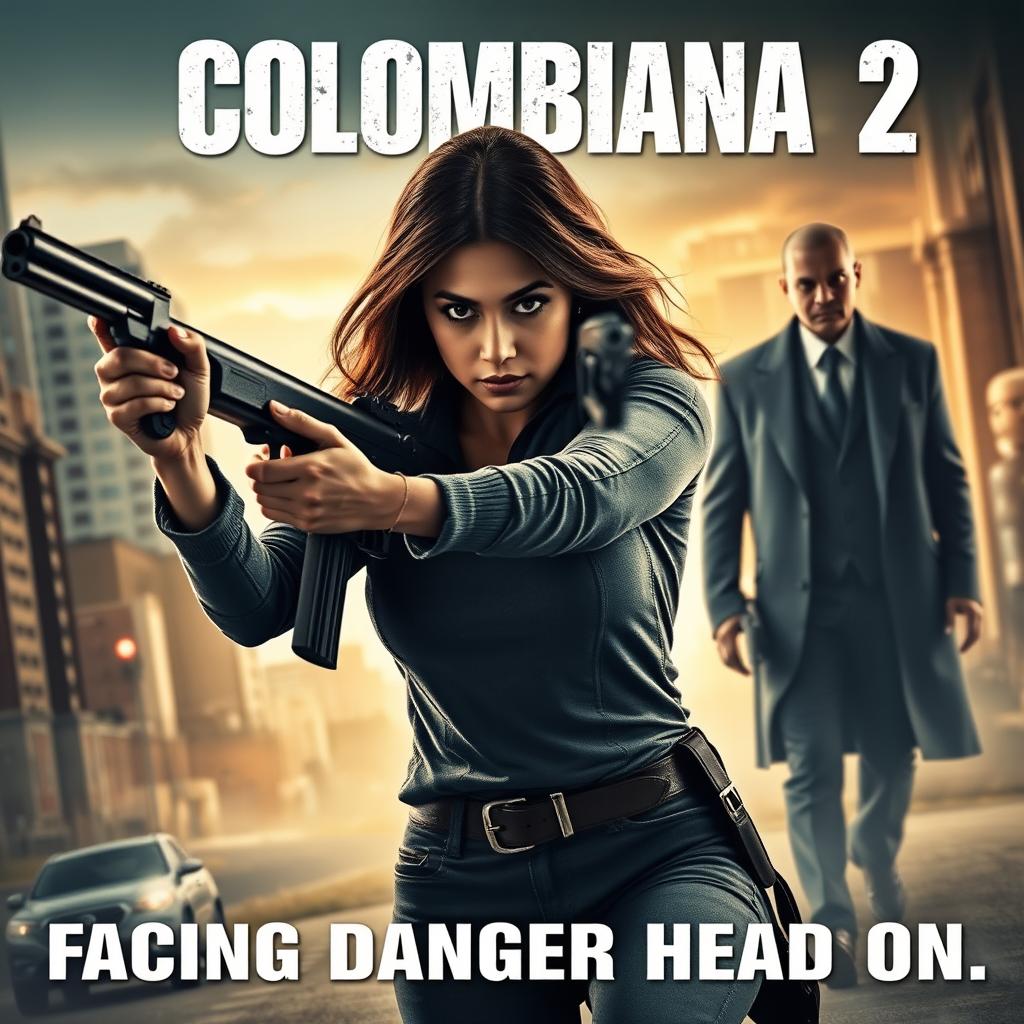 A cinematic and realistic movie poster for "Colombiana 2" featuring a powerful and determined woman in dynamic action