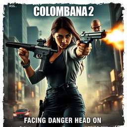 A cinematic and realistic movie poster for "Colombiana 2" featuring a powerful and determined woman in dynamic action